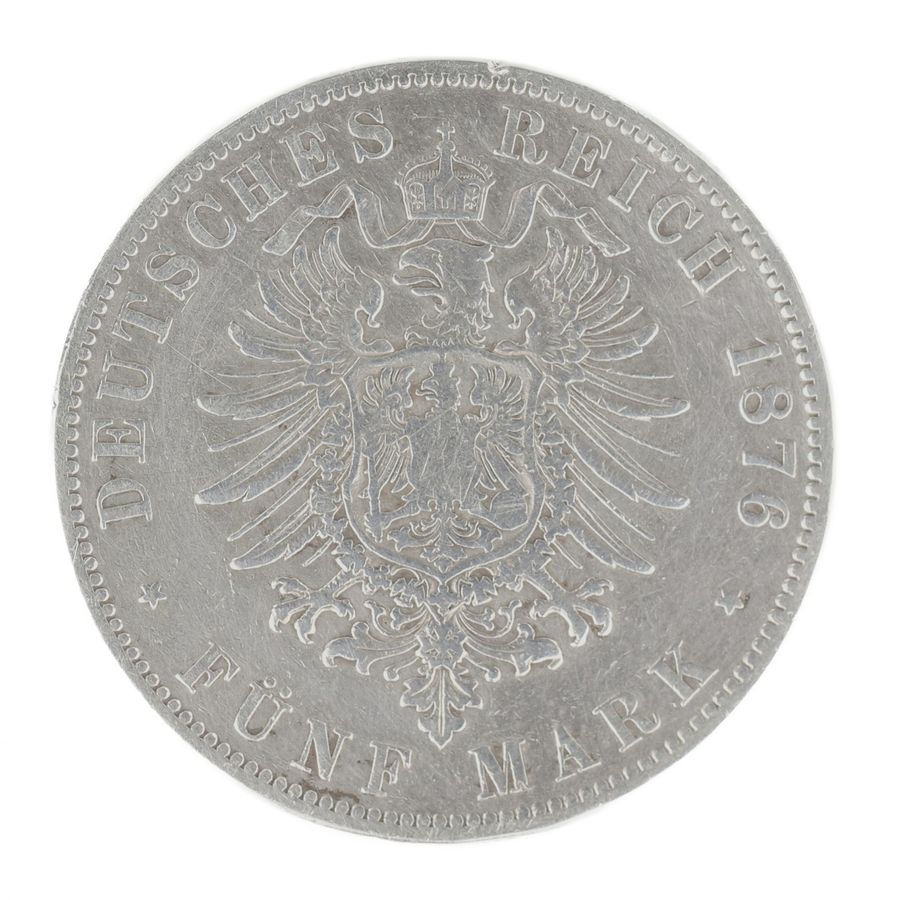 Antique Silver coin 5 marks. Germany 1876.