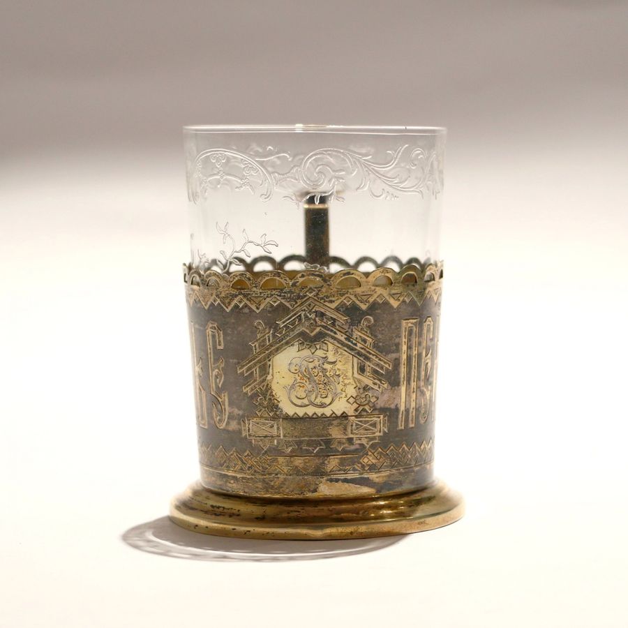 Antique Glass holder Drink for health. Israel Yeseevich Zakhoder. Russia, Moscow 1886.