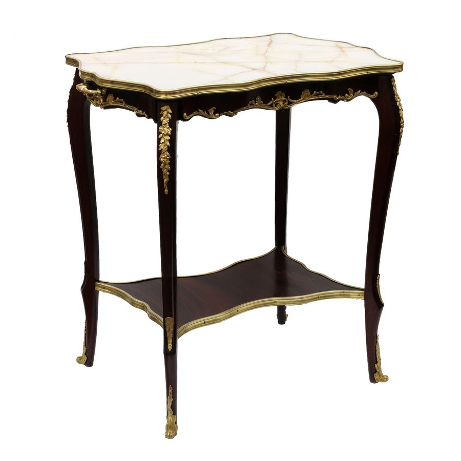 Antique Serving table mahogany, gilded bronze with a marble top of the turn of the 19th and 20th centuries.