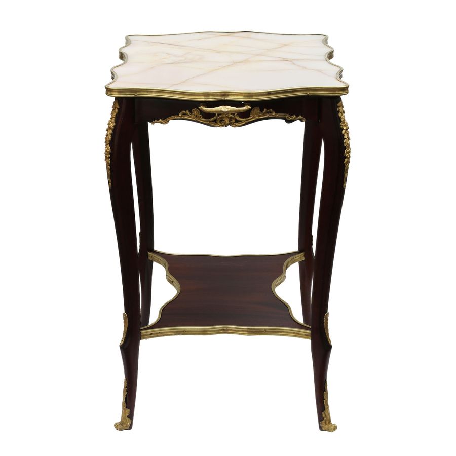 Antique Serving table mahogany, gilded bronze with a marble top of the turn of the 19th and 20th centuries.