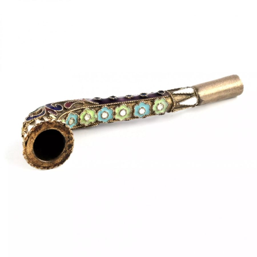 Antique Cloisonne enamel silver mouthpiece. Russia, 1920s.