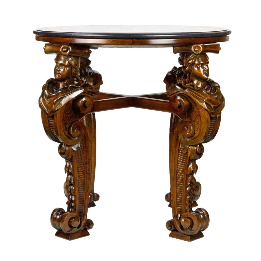 Antique An impressive chess table with precious Roman mosaics on carved legs.