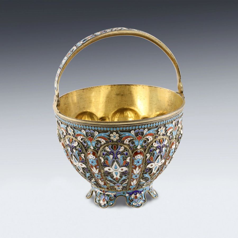 Antique Russian silver sugar bowl with cloisonne enamel.