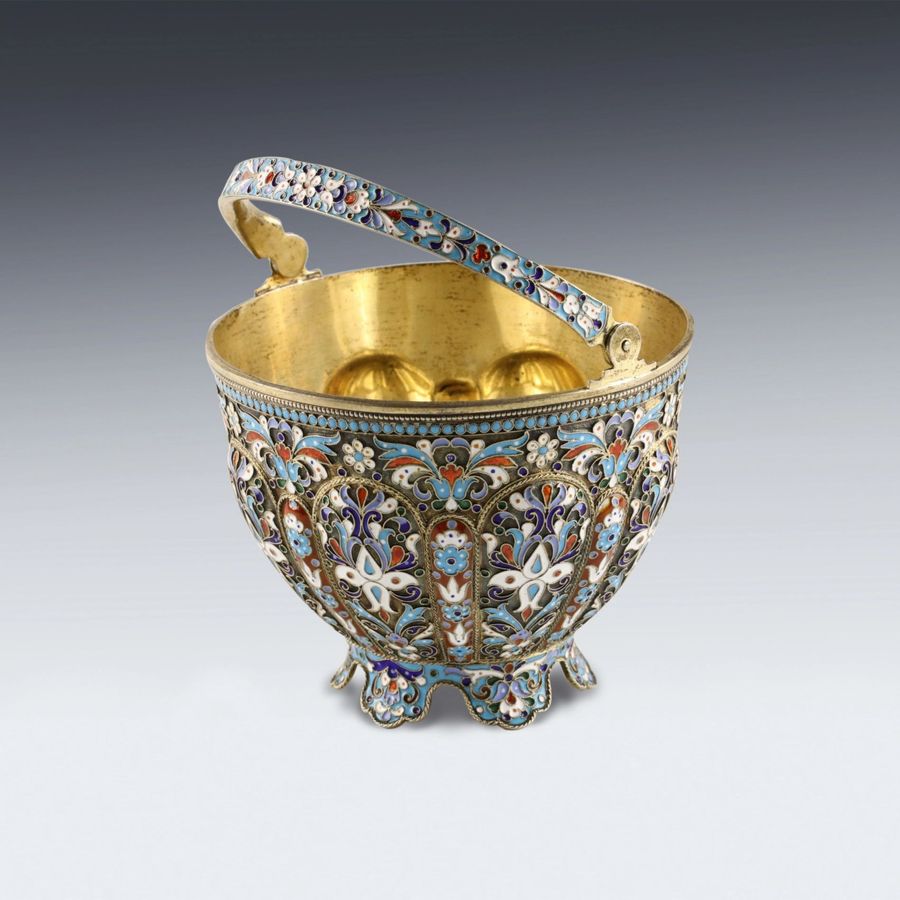 Antique Russian silver sugar bowl with cloisonne enamel.