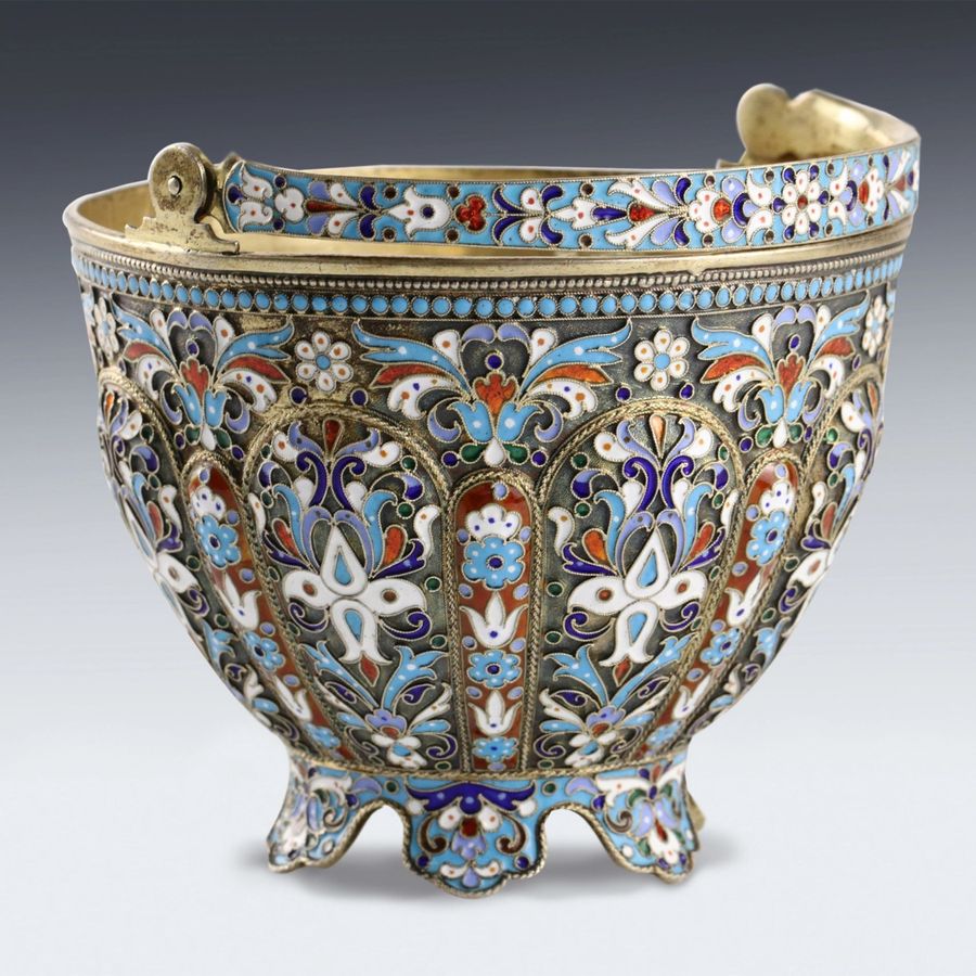 Antique Russian silver sugar bowl with cloisonne enamel.