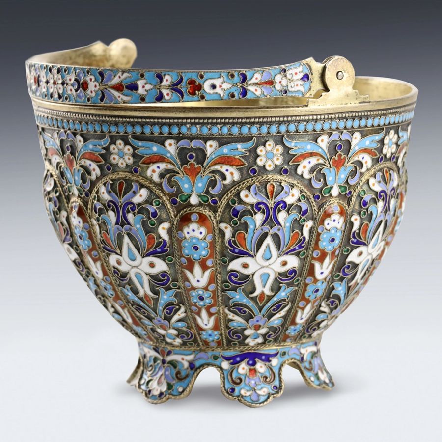 Antique Russian silver sugar bowl with cloisonne enamel.