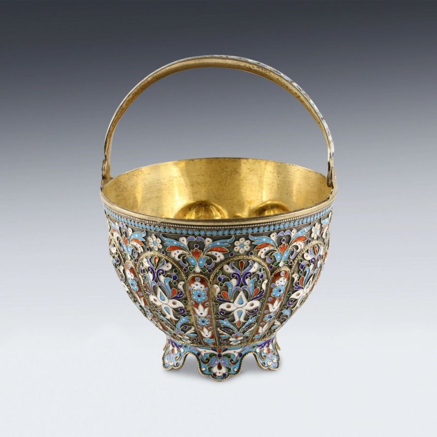 Antique Russian silver sugar bowl with cloisonne enamel.