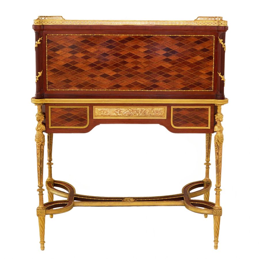 Antique E.KAHN. A magnificent cylindrical bureau in mahogany and satin wood with gilt bronze.