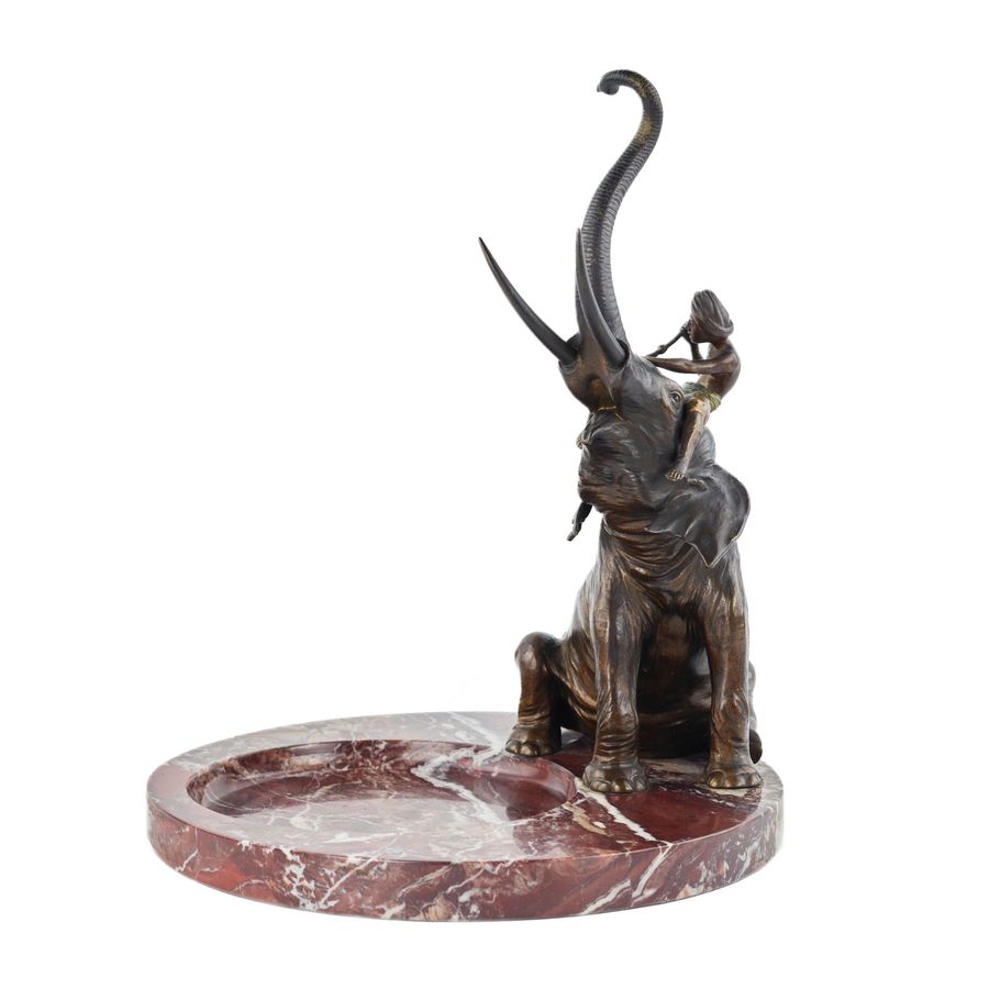 Antique Franz Bergman. Decorative dish for small items made of marble, with a bronze figure of an elephant.