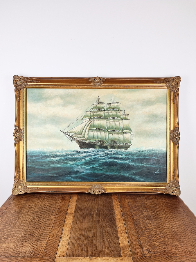 Antique A Clipper At Sea. Oil on canvas 
