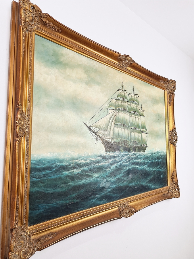 Antique A Clipper At Sea. Oil on canvas 