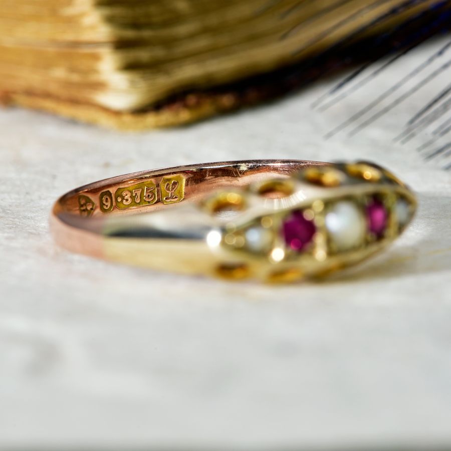 Antique The Antique 1911 Pearl and Ruby Boat Ring