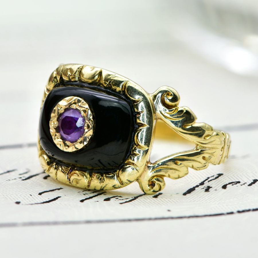 Antique The Antique Early Victorian Amethyst and Black Onyx Mourning Ring