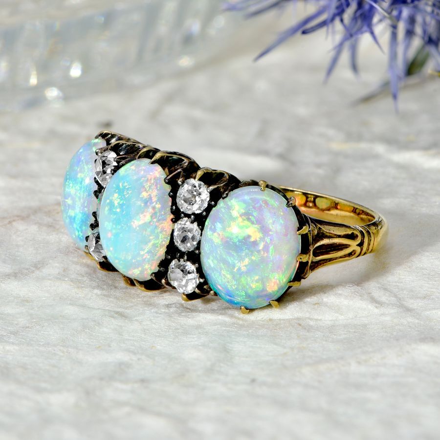 Antique The Antique Victorian Opal and Old European Cut Diamond Ring