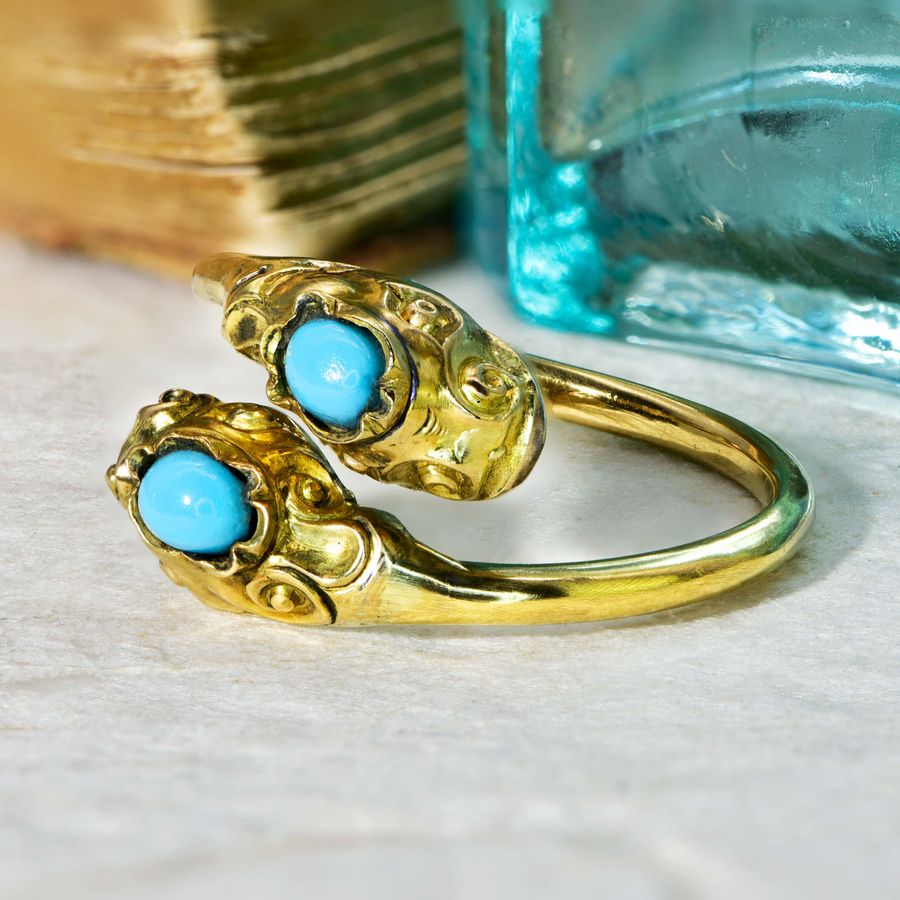 Antique The Vintage Turquoise Glass Stone Serpent Ring