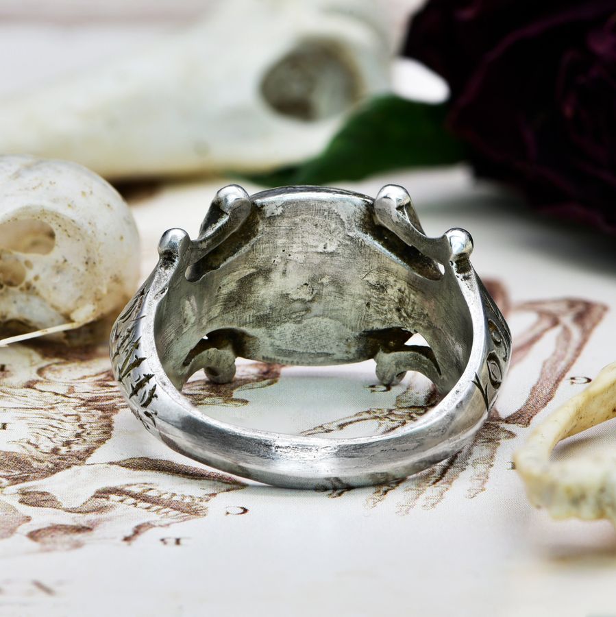 Antique The Ancient 1601 Renaissance Silver Memento Mori Portrait Ring