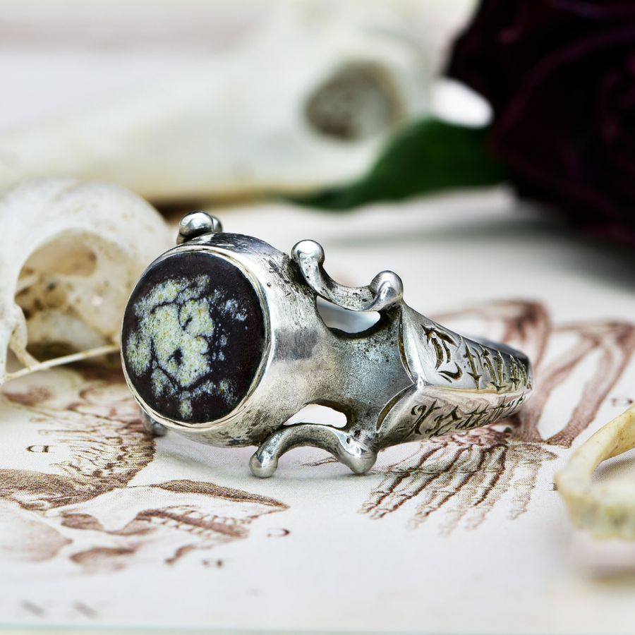 Antique The Ancient 1601 Renaissance Silver Memento Mori Portrait Ring