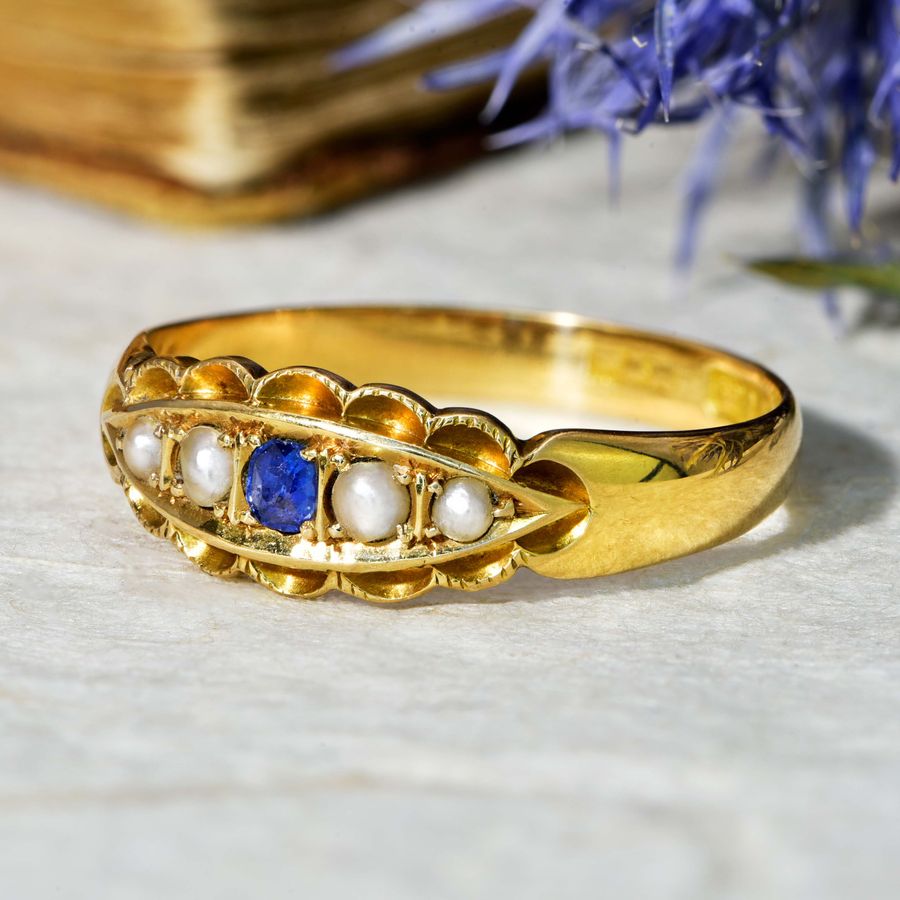 Antique The Antique 1897 Sapphire and Pearl Boat Ring
