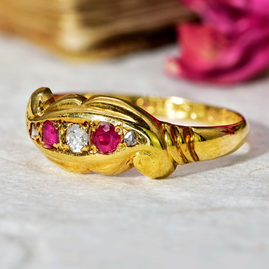 Antique The Antique 1919 Diamond and Ruby Scroll Ring