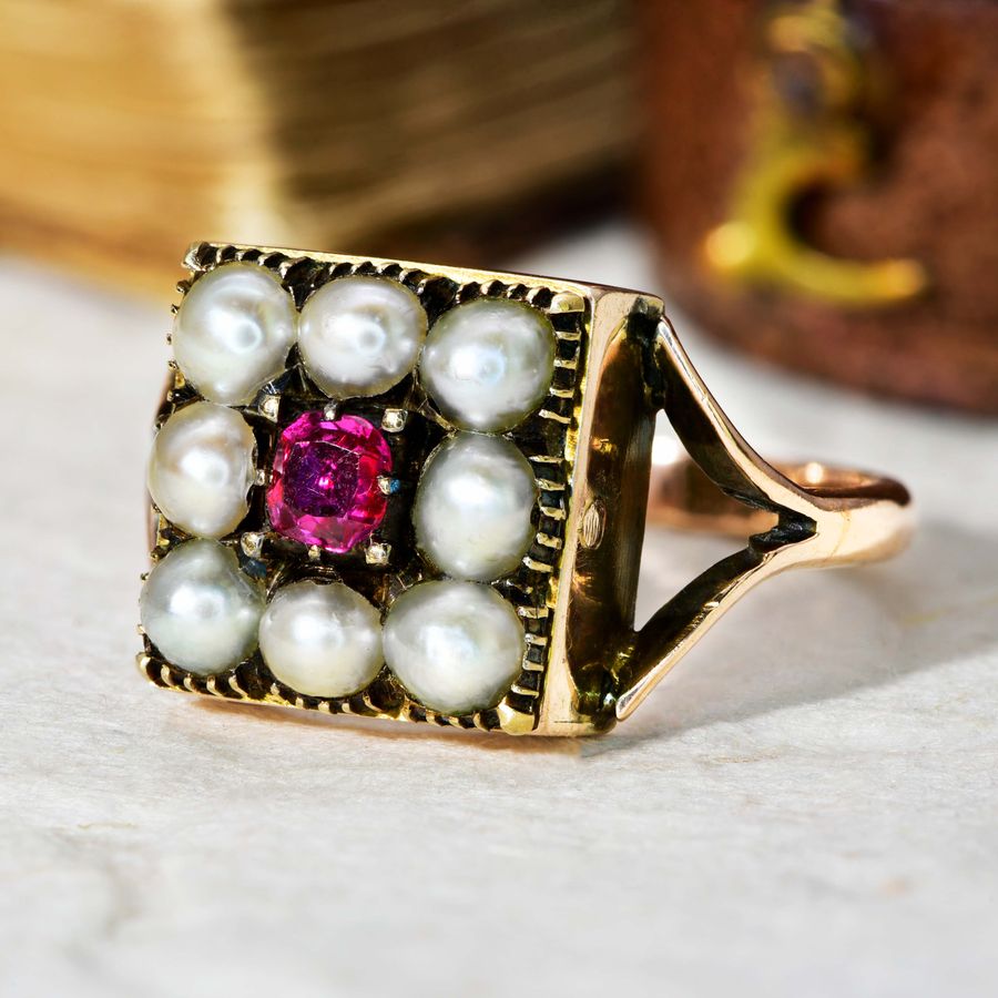 Antique The Antique Victorian Pearl and Ruby Cluster Ring