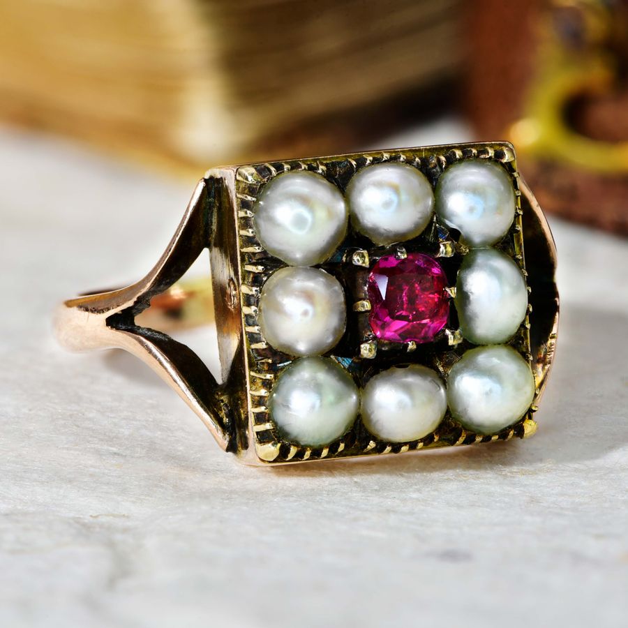 Antique The Antique Victorian Pearl and Ruby Cluster Ring