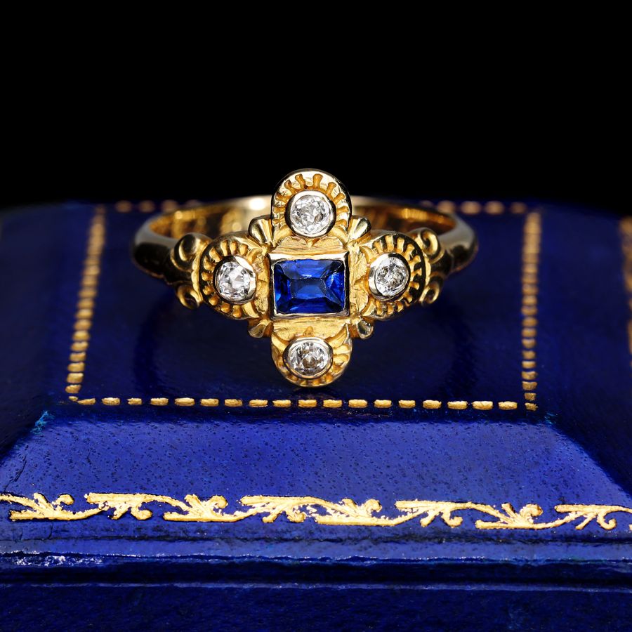 Antique The Antique Victorian Sapphire and Diamond Hand Carved Ring