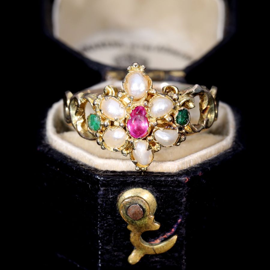 Antique The Antique Victorian Ruby, Pearl and Emerald Daisy Ring