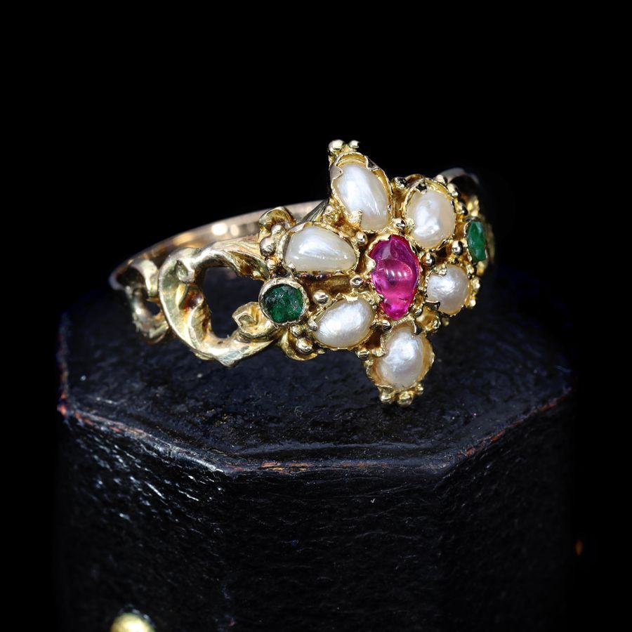 Antique The Antique Victorian Ruby, Pearl and Emerald Daisy Ring