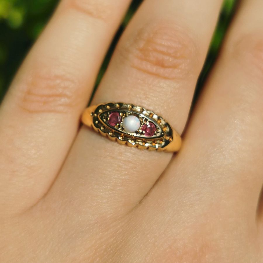 Antique The Vintage 1997 Ruby and Opal Boat Ring