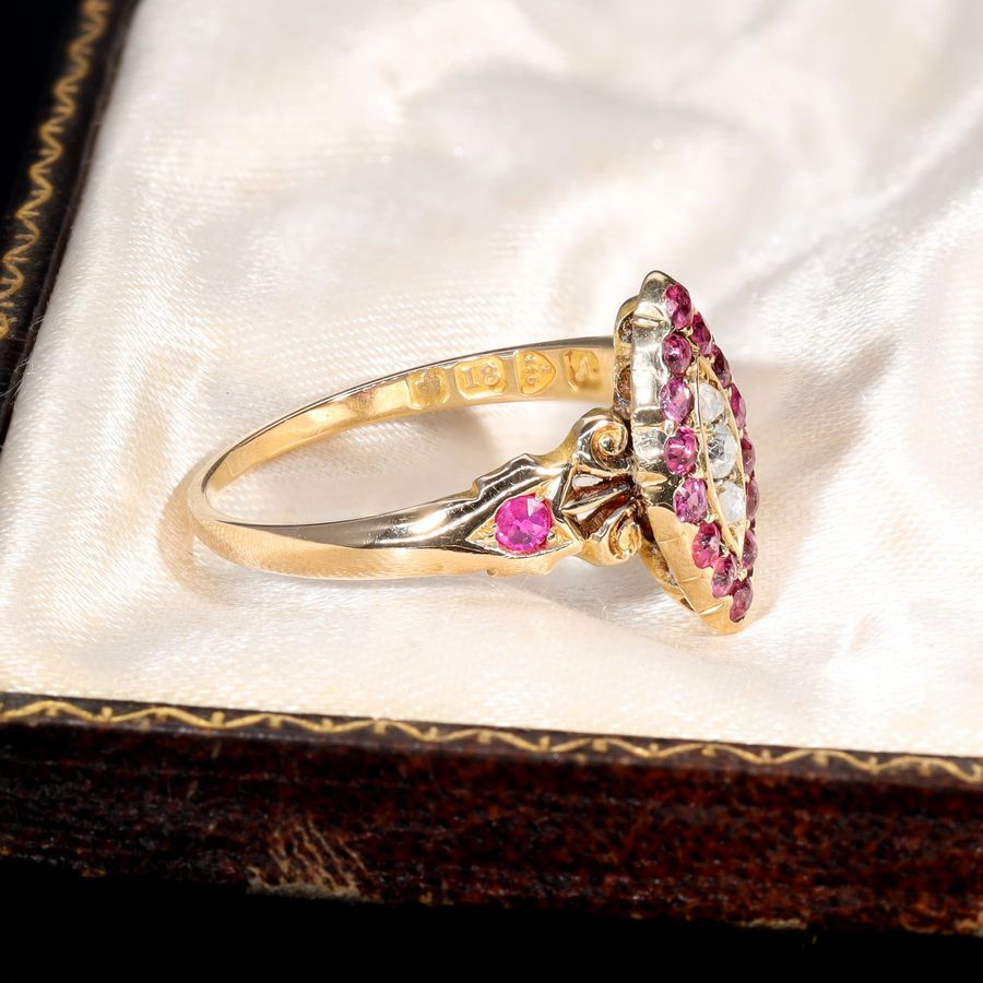 Antique The Antique 1901 Ruby and Old Cut Diamond Navette Ring