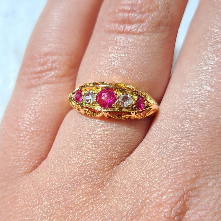 Antique The Antique Victorian Synthetic Ruby and Diamond Boat Ring