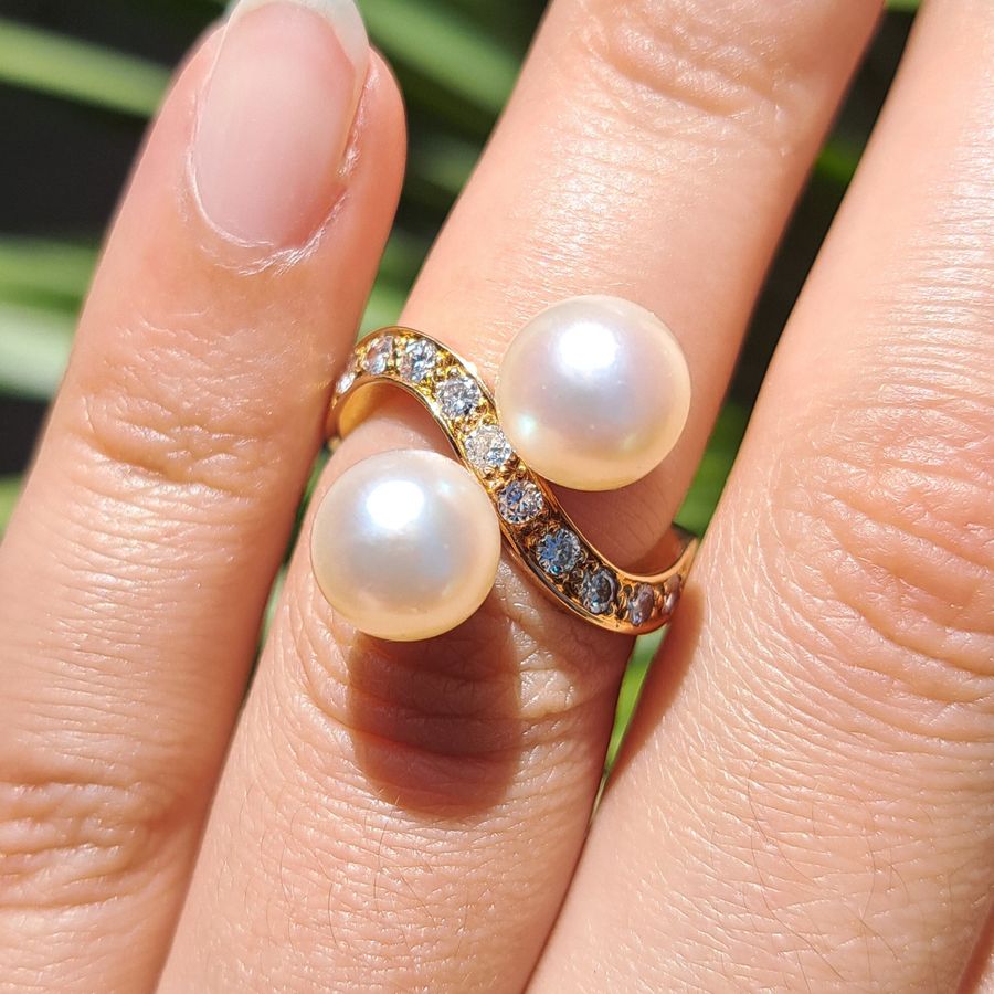 Antique The Vintage 1984 Two Pearl and Diamond Extravagant Ring