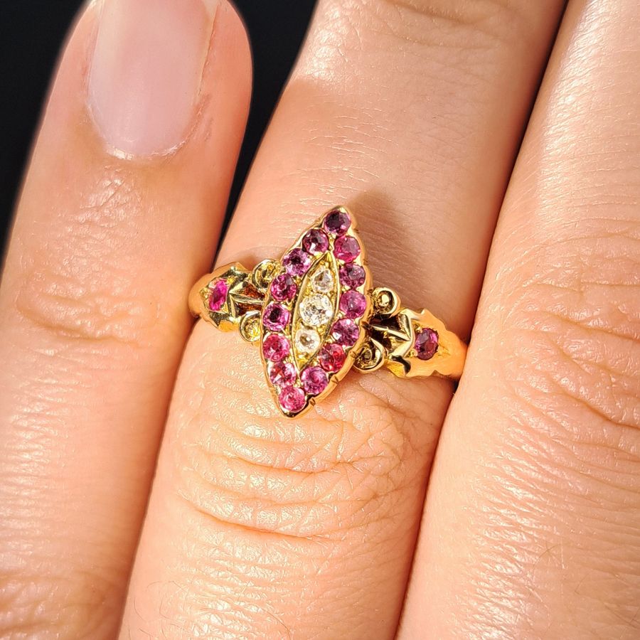 Antique The Antique 1901 Ruby and Old Cut Diamond Navette Ring