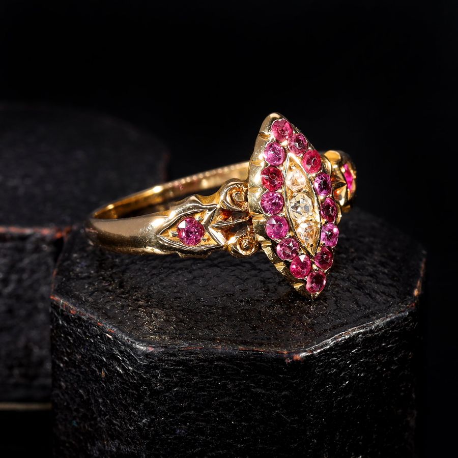 Antique The Antique 1901 Ruby and Old Cut Diamond Navette Ring