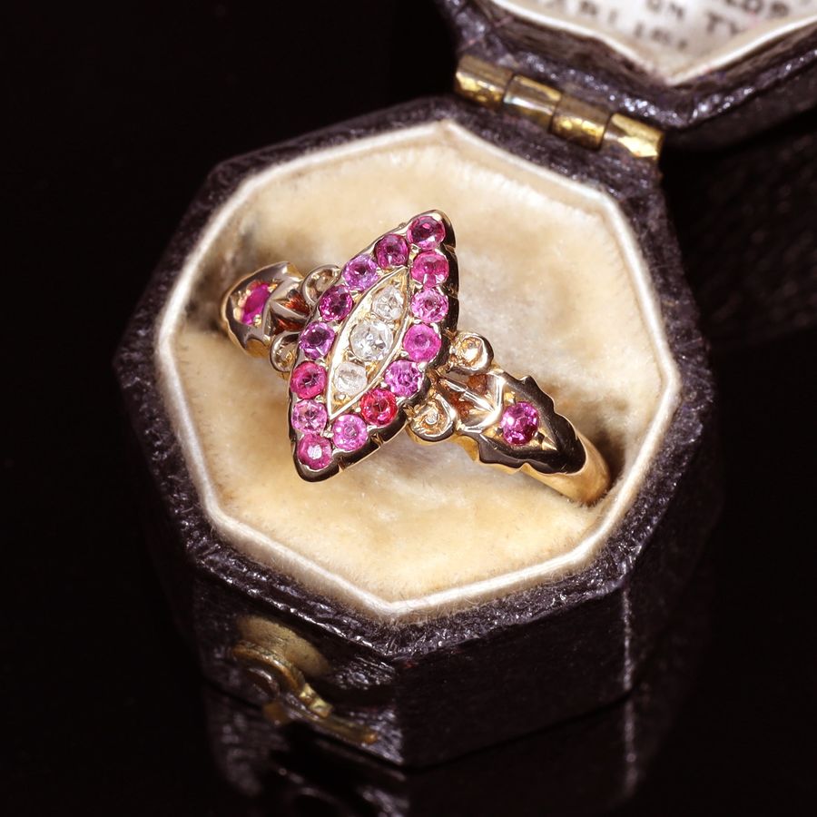 Antique The Antique 1901 Ruby and Old Cut Diamond Navette Ring