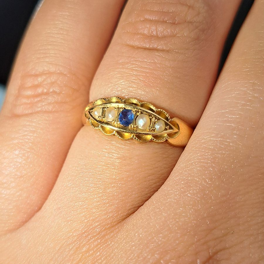 Antique The Antique 1897 Sapphire and Pearl Boat Ring