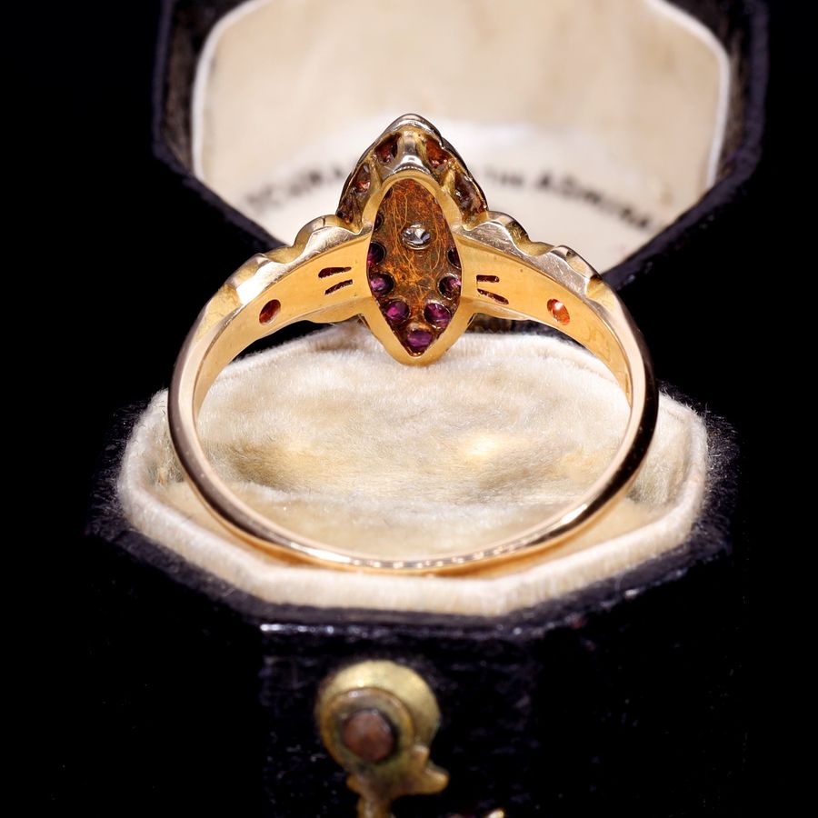 Antique The Antique 1901 Ruby and Old Cut Diamond Navette Ring