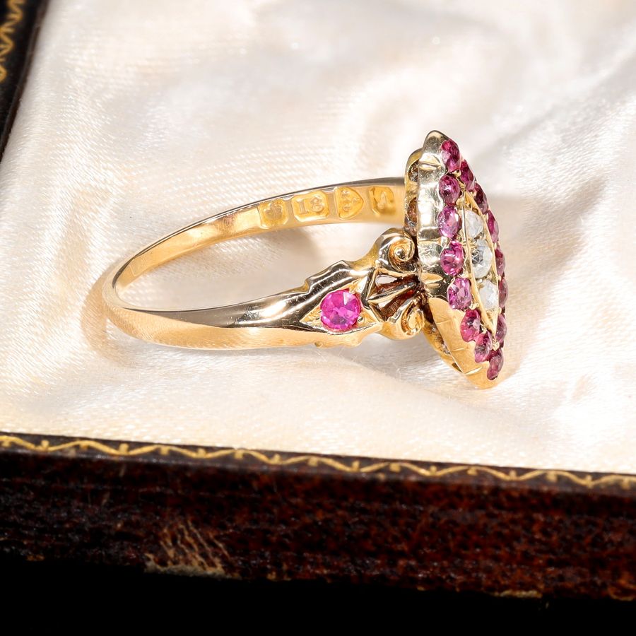 Antique The Antique 1901 Ruby and Old Cut Diamond Navette Ring