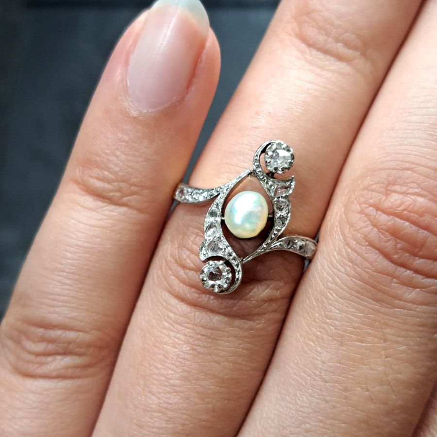 Antique The Antique 1917 Baroque Pearl and Old Cut Diamond Elaborate Ring