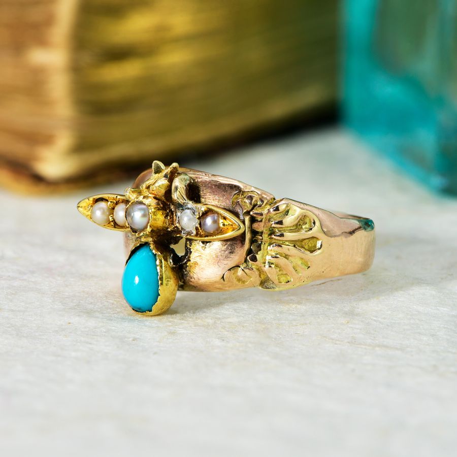 Antique The Antique Early 20th Century Turquoise and Split Pearl Fly Ring