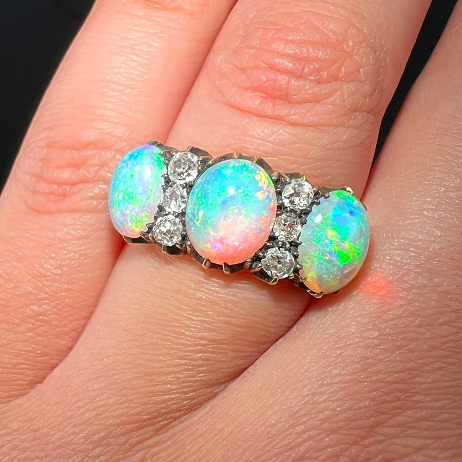 Antique The Antique Victorian Opal and Old European Cut Diamond Ring