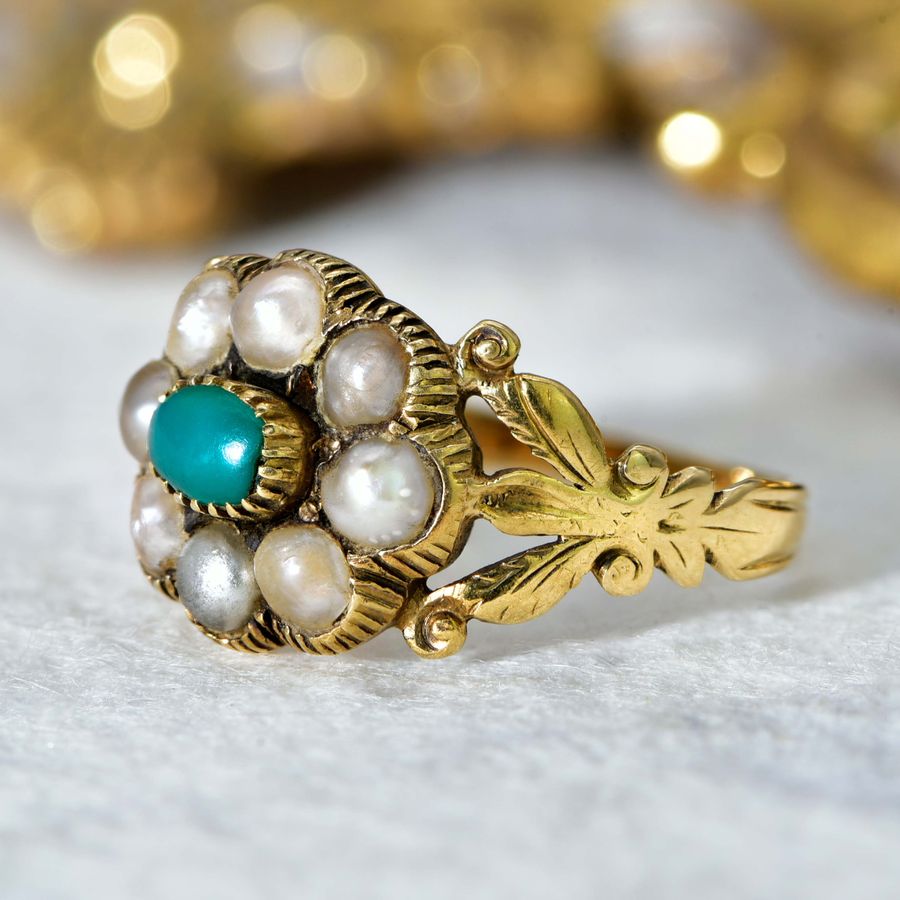 Antique The Antique Victorian Pearl and Turquoise Cluster Flower Ring