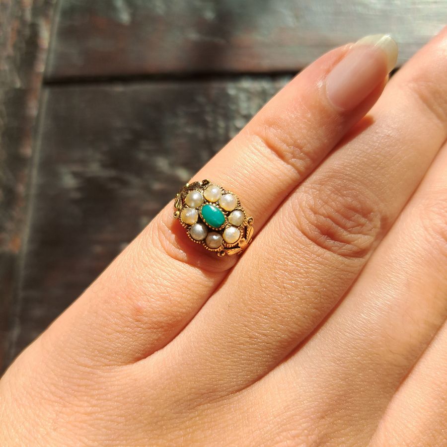 Antique The Antique Victorian Pearl and Turquoise Cluster Flower Ring