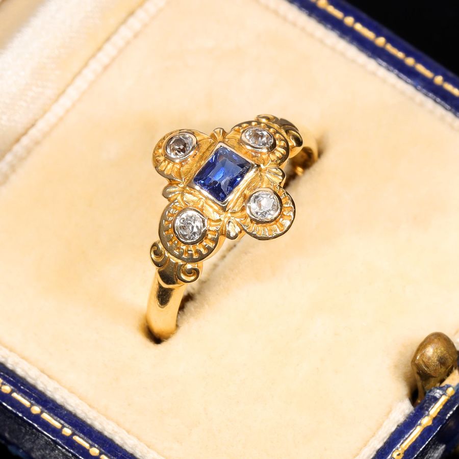 Antique The Antique Victorian Sapphire and Diamond Hand Carved Ring