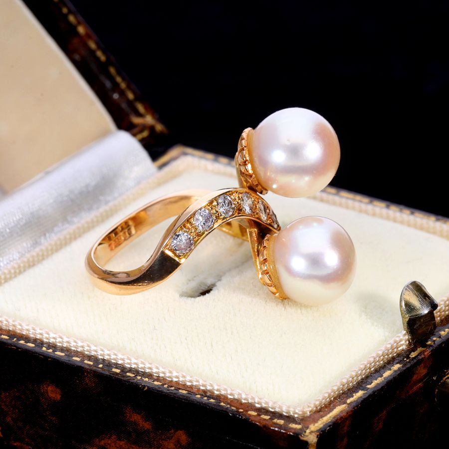 Antique The Vintage 1984 Two Pearl and Diamond Extravagant Ring