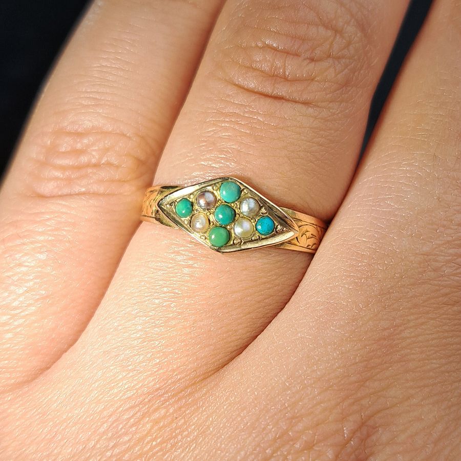 Antique The Antique 1873 Victorian Turquoise and Pearl Engraved Ring