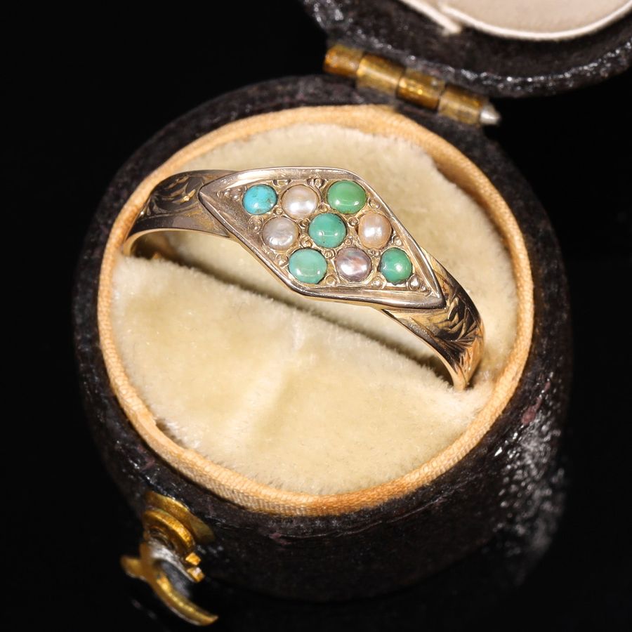 Antique The Antique 1873 Victorian Turquoise and Pearl Engraved Ring