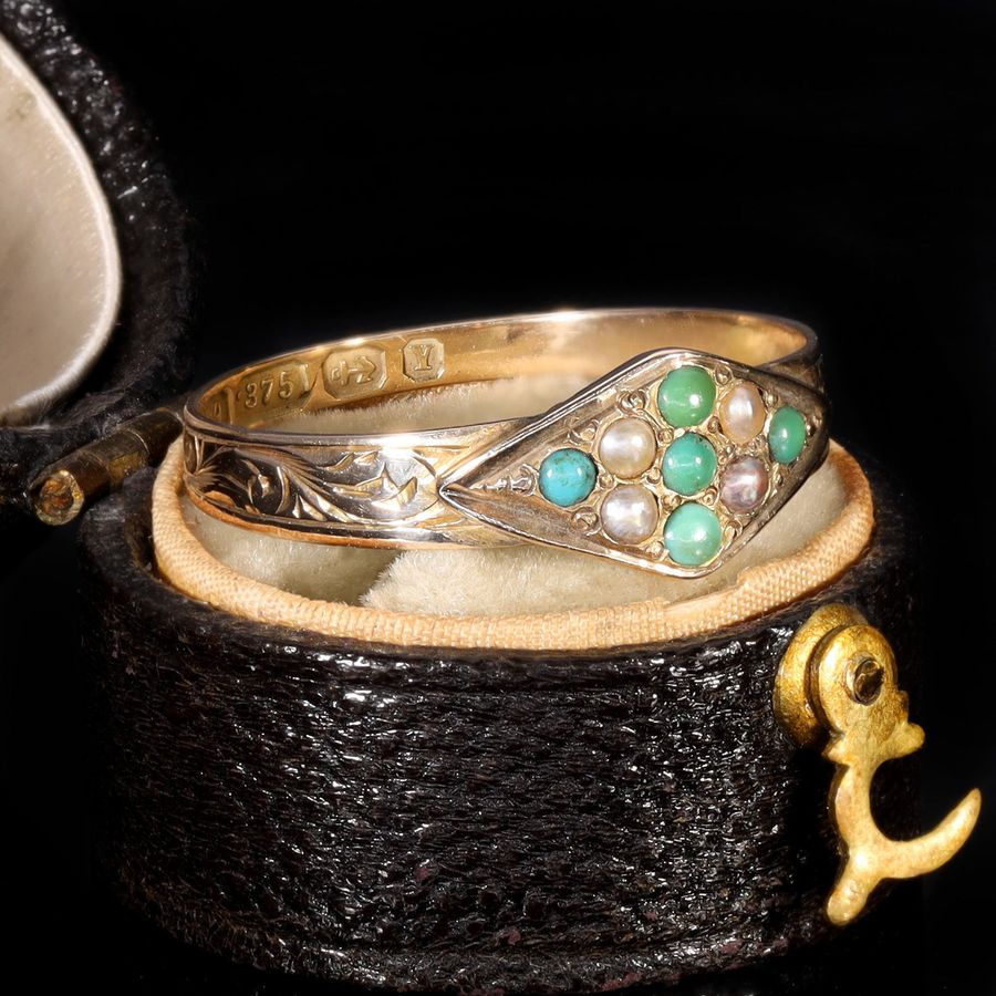 Antique The Antique 1873 Victorian Turquoise and Pearl Engraved Ring