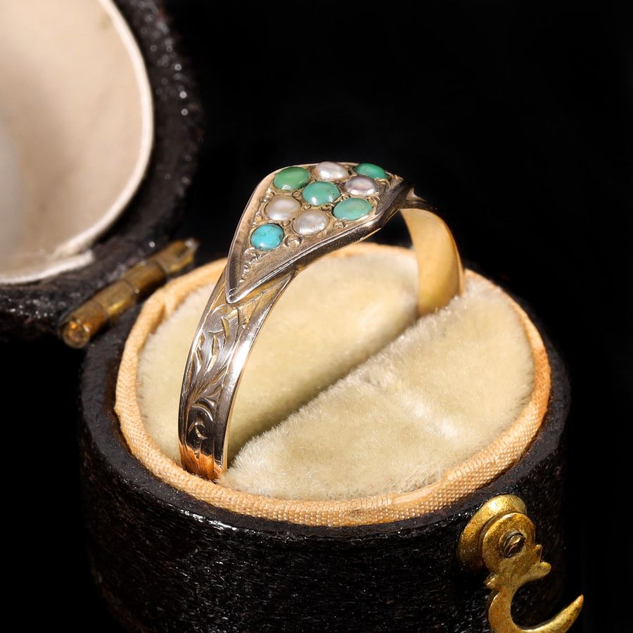 Antique The Antique 1873 Victorian Turquoise and Pearl Engraved Ring