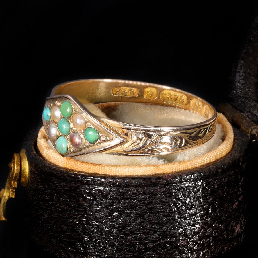 Antique The Antique 1873 Victorian Turquoise and Pearl Engraved Ring